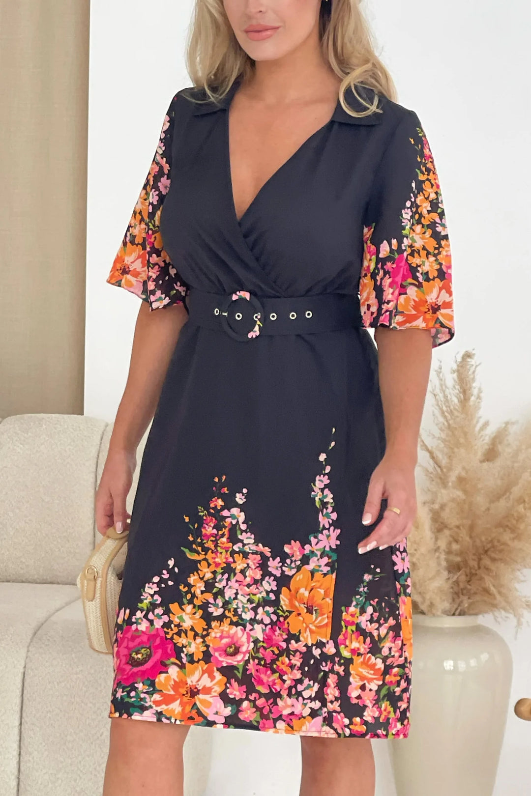 Karen Boarder Print Belted Midi Shirt Dress