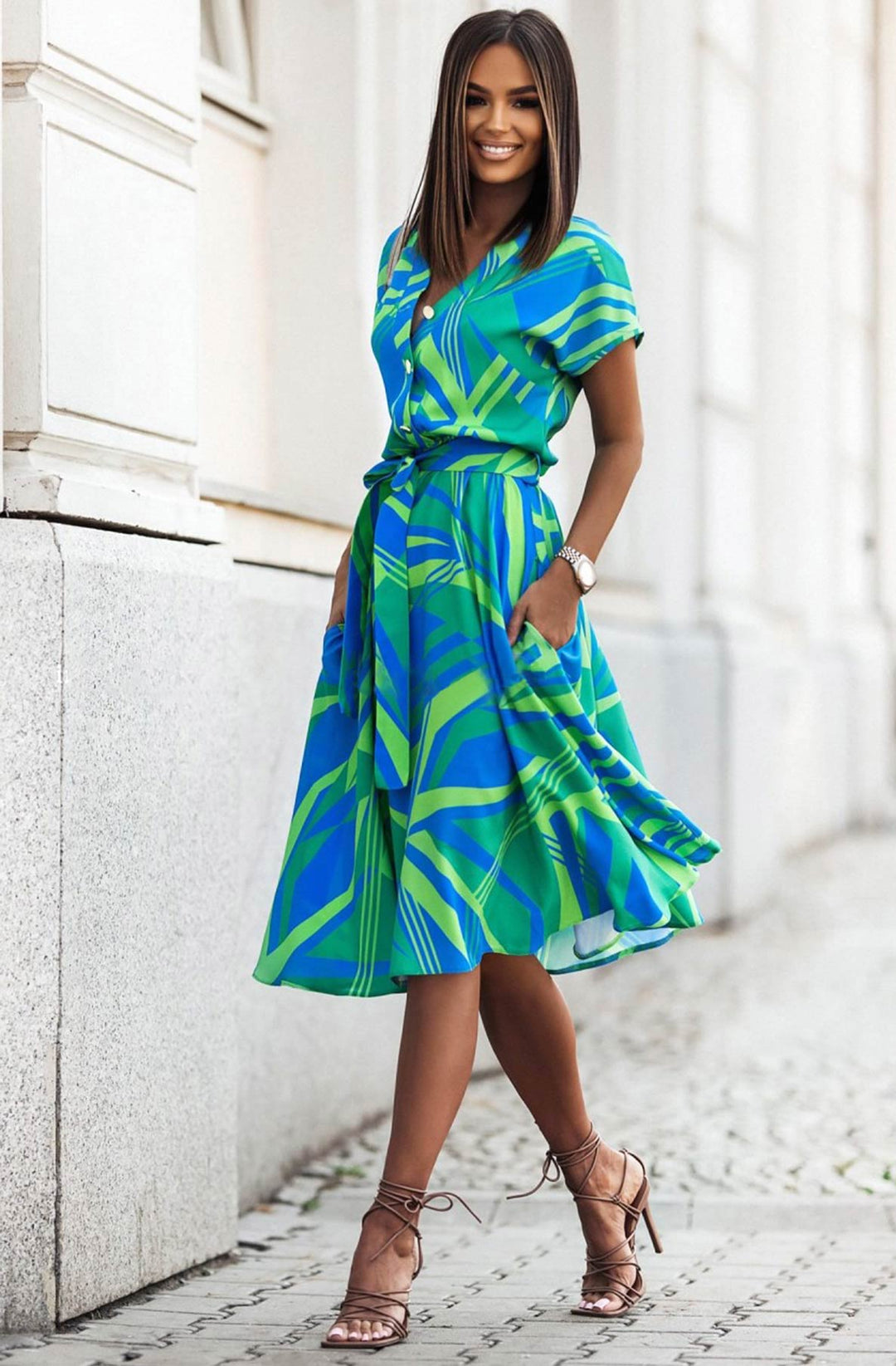 Karlie Green Abstract Short Sleeve Belted Midi Dress