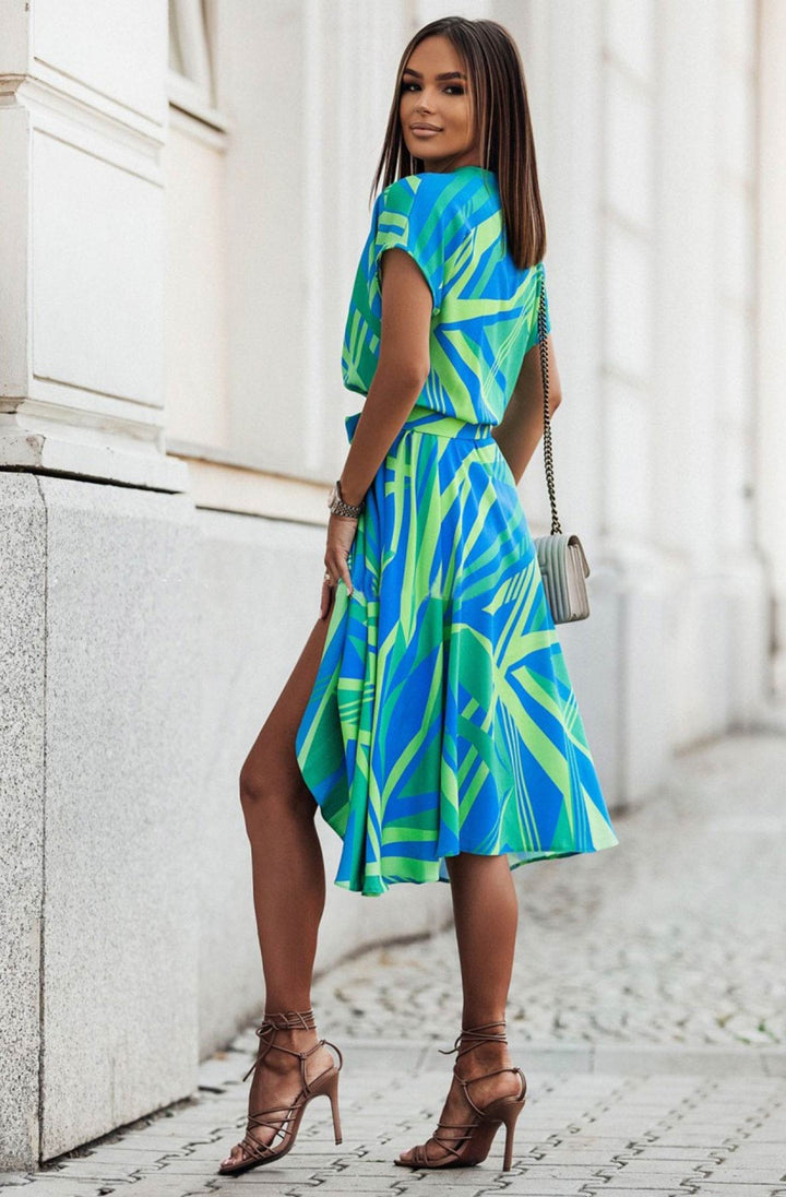 Karlie Green Abstract Short Sleeve Belted Midi Dress