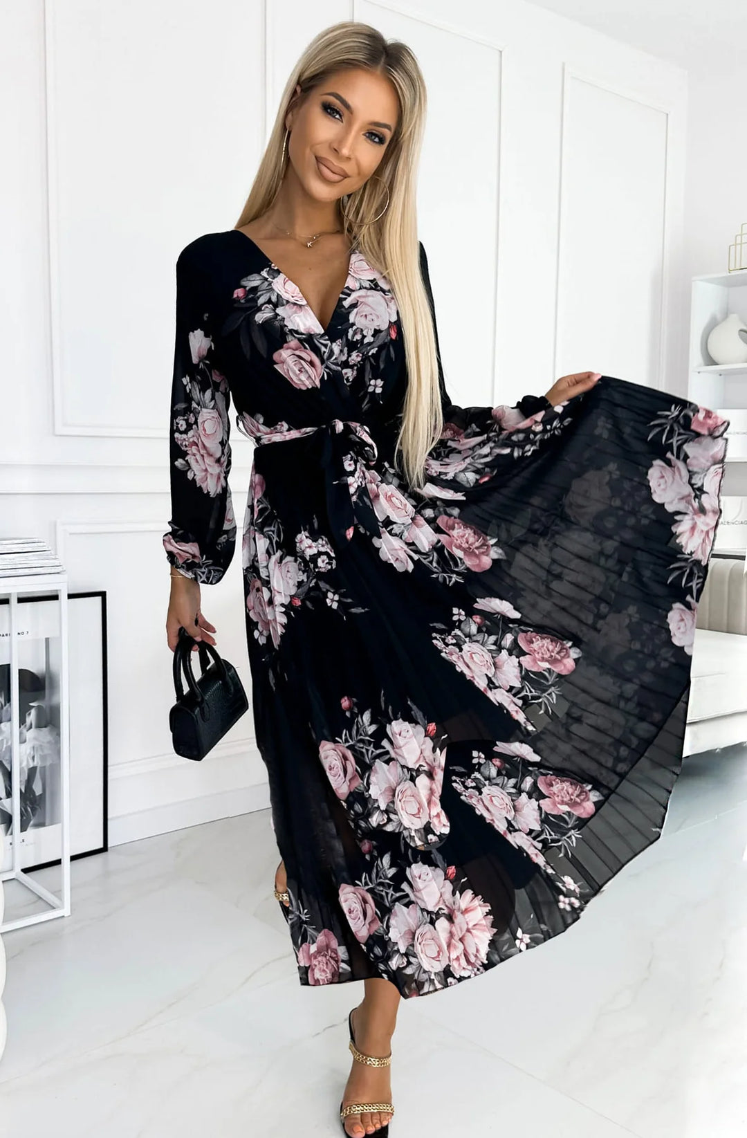 Amalfi Coast Black Pale Pink Floral Chiffon Long Sleeve Pleated Belted Maxi Dress