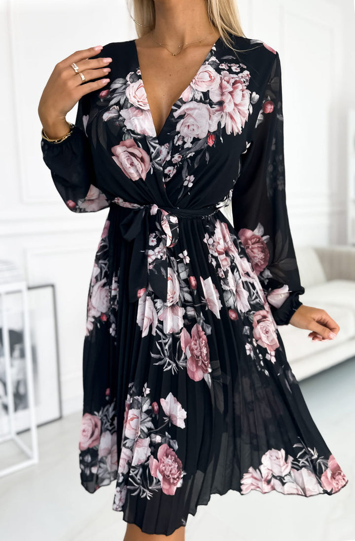Joanie Black Floral Long Sleeve Chiffon Pleated Knee Length Dress