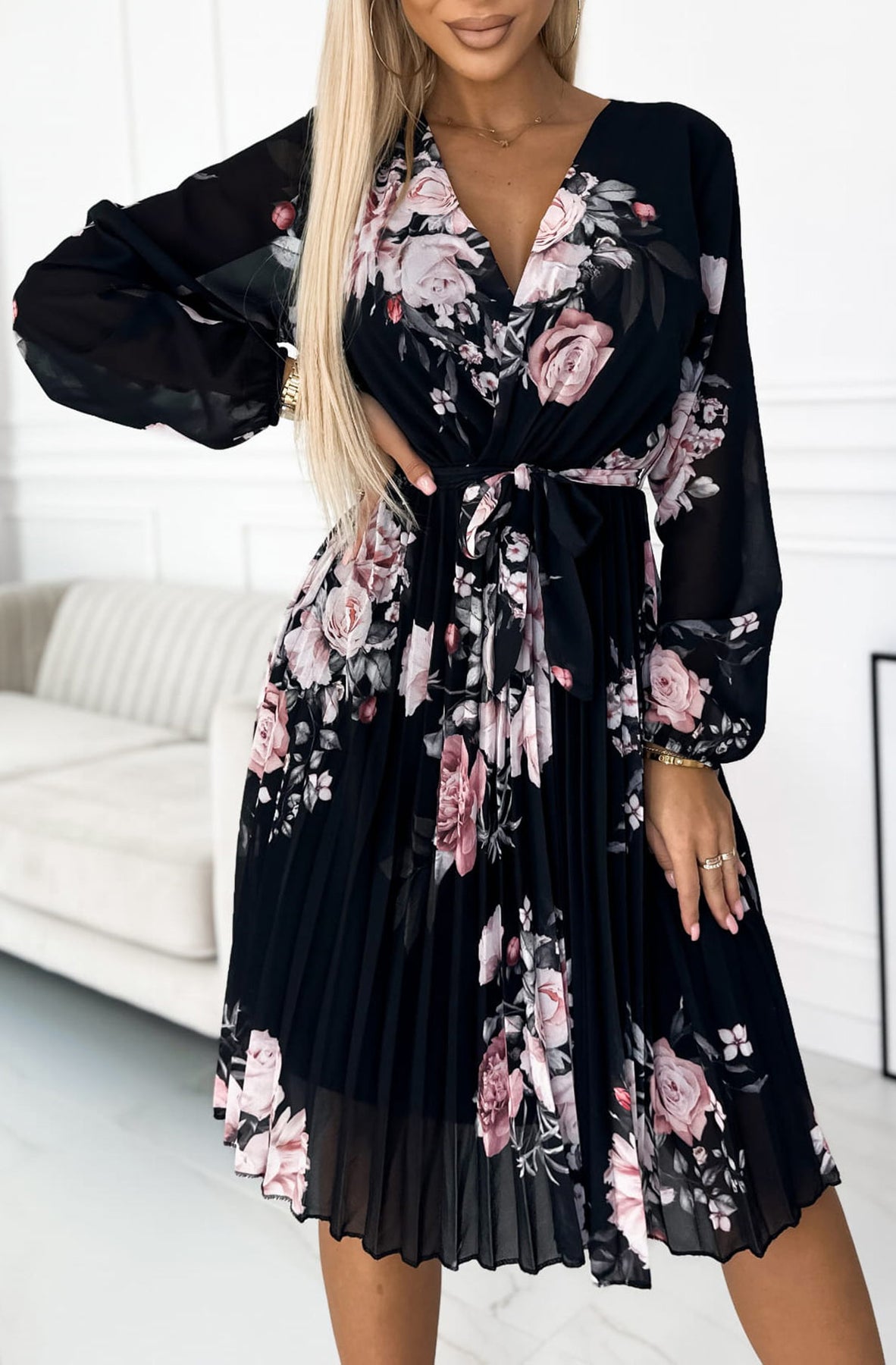 Joanie Black Floral Long Sleeve Chiffon Pleated Midi Dress