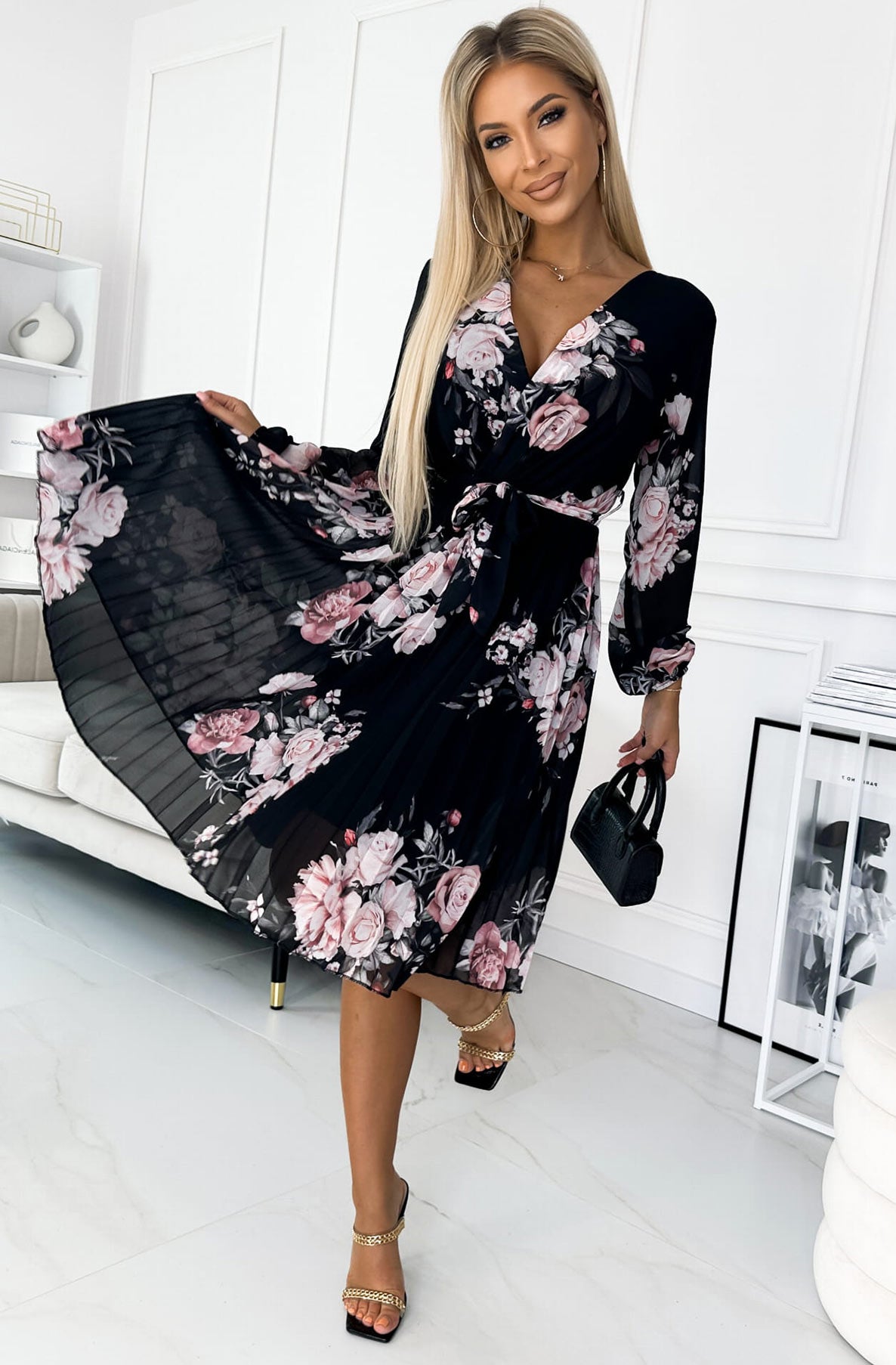 Joanie Black Floral Long Sleeve Chiffon Pleated Midi Dress