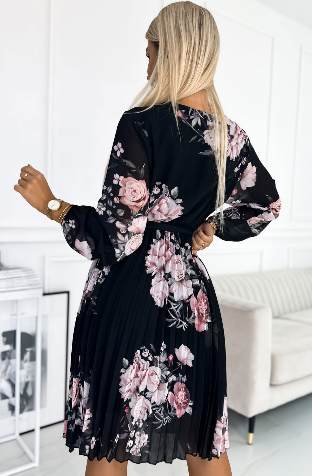 Joanie Black Floral Long Sleeve Chiffon Pleated Knee Length Dress (PRE-ORDER)