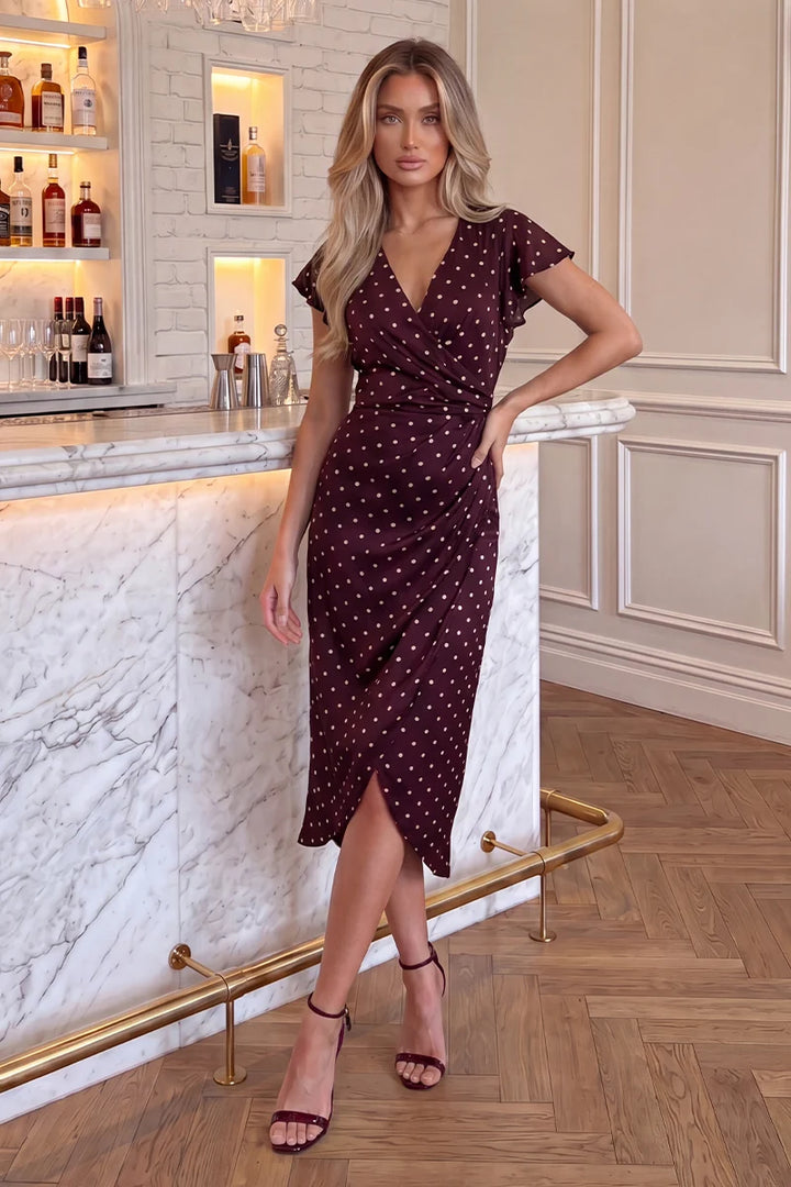 Lily Burgundy Polka Dot Print Flutter Sleeve Wrap Midi Dress