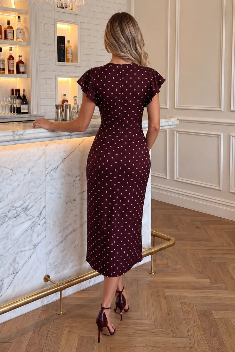Lily Burgundy Polka Dot Print Flutter Sleeve Wrap Midi Dress