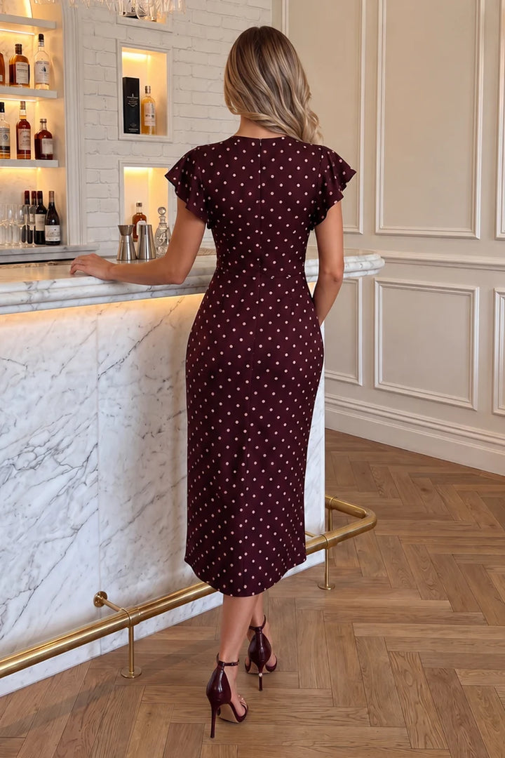 Lily Burgundy Polka Dot Print Flutter Sleeve Wrap Midi Dress