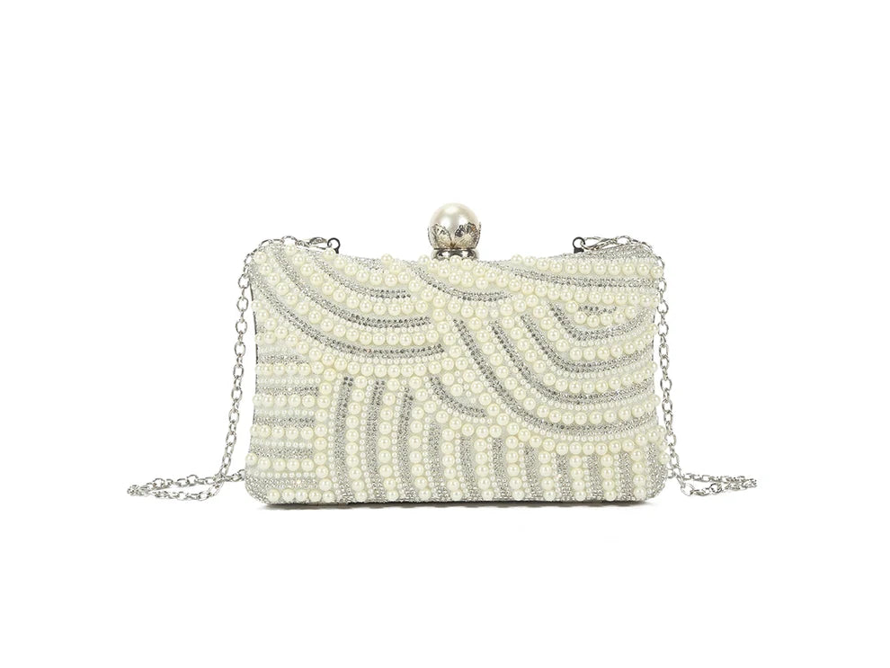 Marbs Diamante & Pearl Embellished Box Clutch Bag - Ivory