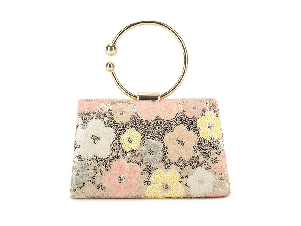 St Tropez Sparkly Diamante Small Hand Bag - Rose Gold Floral Sequin