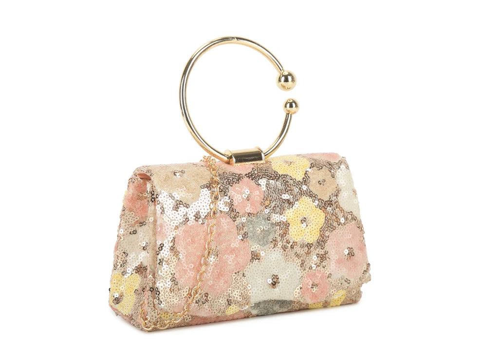 St Tropez Sparkly Diamante Small Hand Bag - Rose Gold Floral Sequin