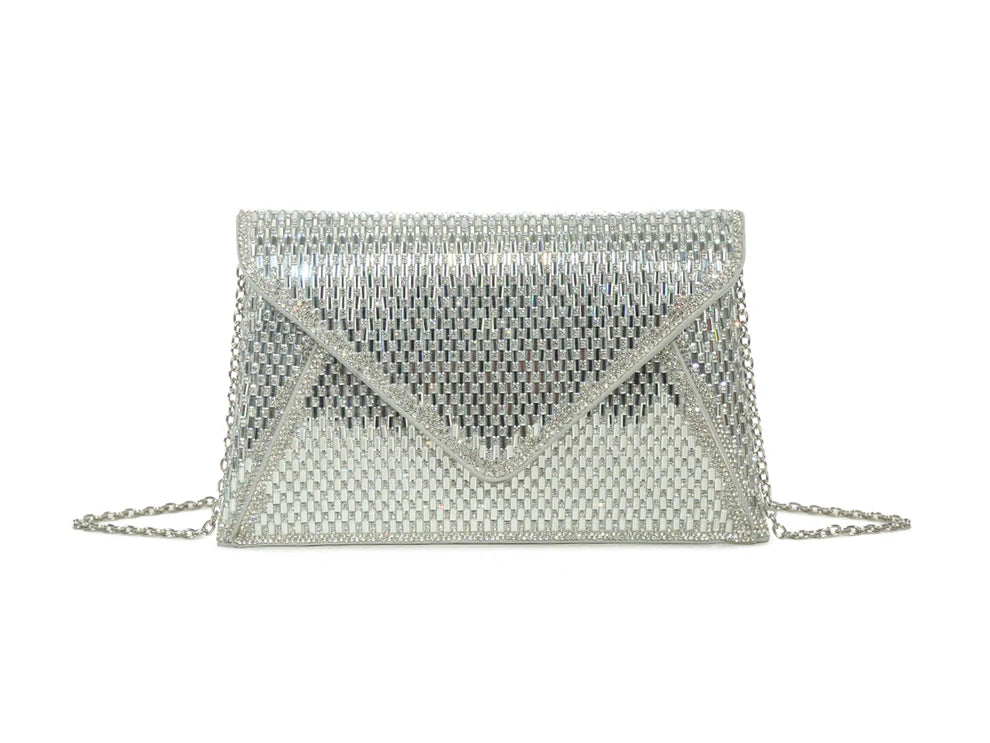 Azaire Crystal Embellished Sparkly Envelope Clutch Bag - Silver