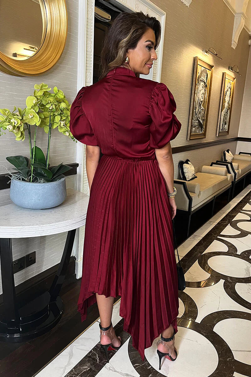 Leticia Burgundy High Neck Puff Sleeve Zig Zag Hem Pleated Midaxi Dress