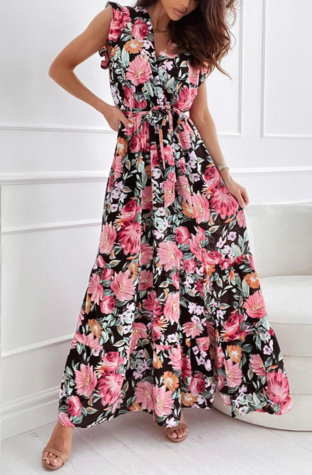 Dominique Black & Pink Floral Short Sleeve Belted Chiffon Maxi Dress