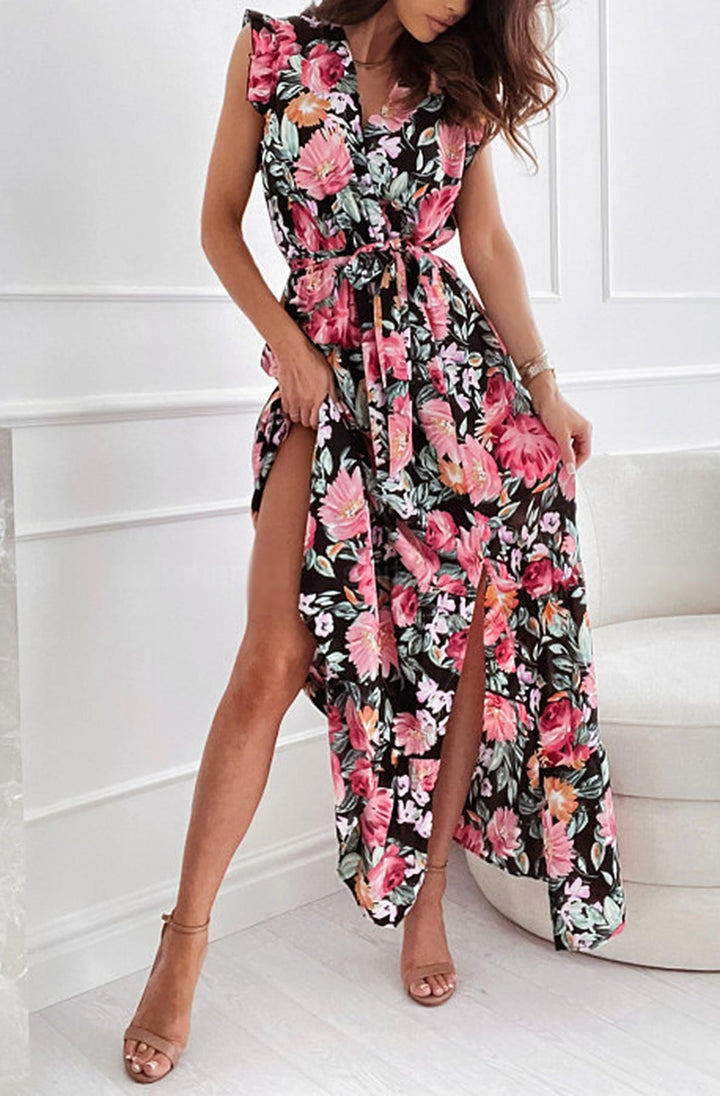Dominique Black & Pink Floral Short Sleeve Belted Chiffon Maxi Dress