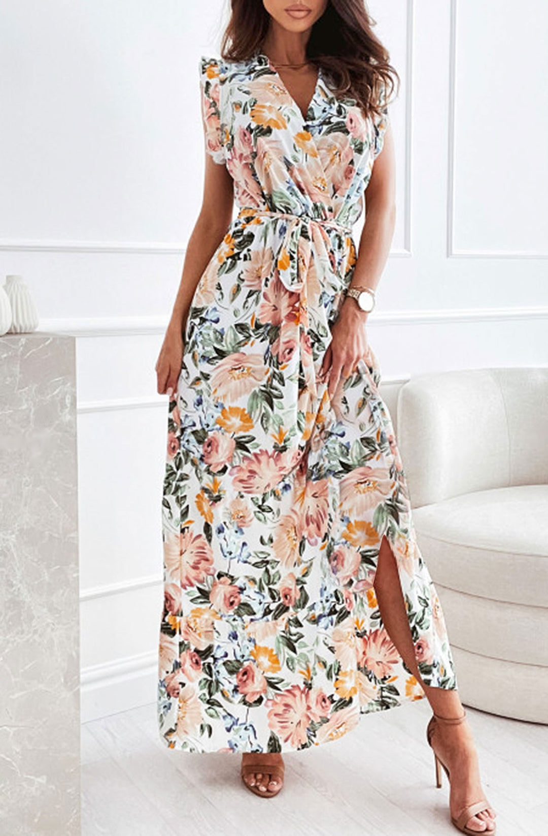 Dominique White & Peach Floral Short Sleeve Belted Chiffon Maxi Dress