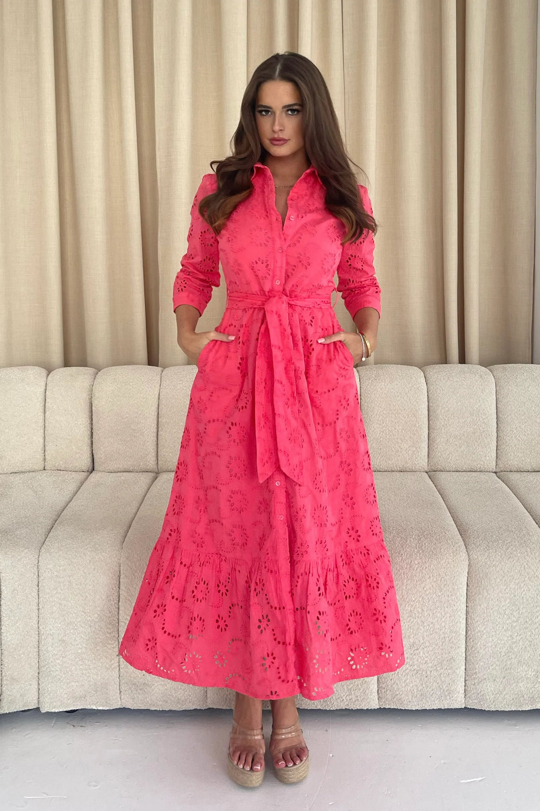 Michelle Coral Broderie Anglaise Belted Maxi Shirt Dress LittleMadam