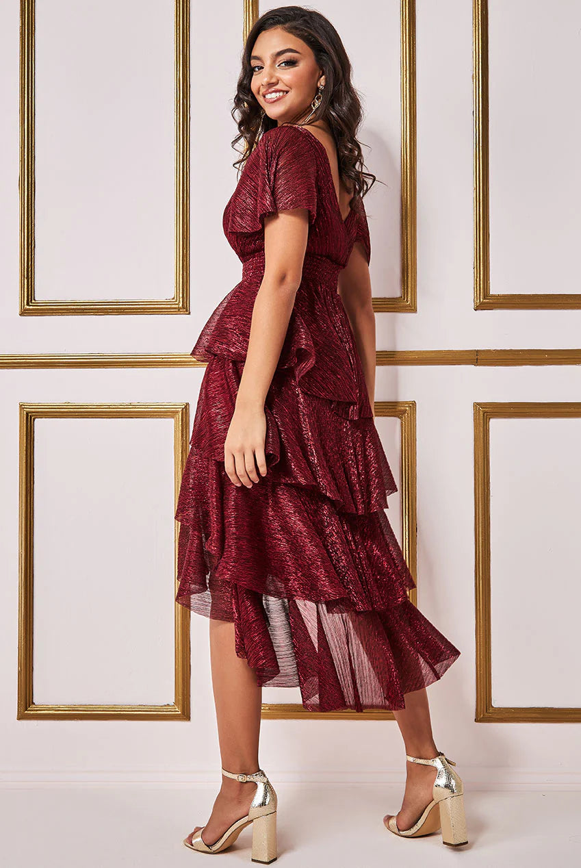 Milani Wine Red Crinkle Lurex High Low Angel Sleeve Tiered Midi Dress - BY GODDIVA