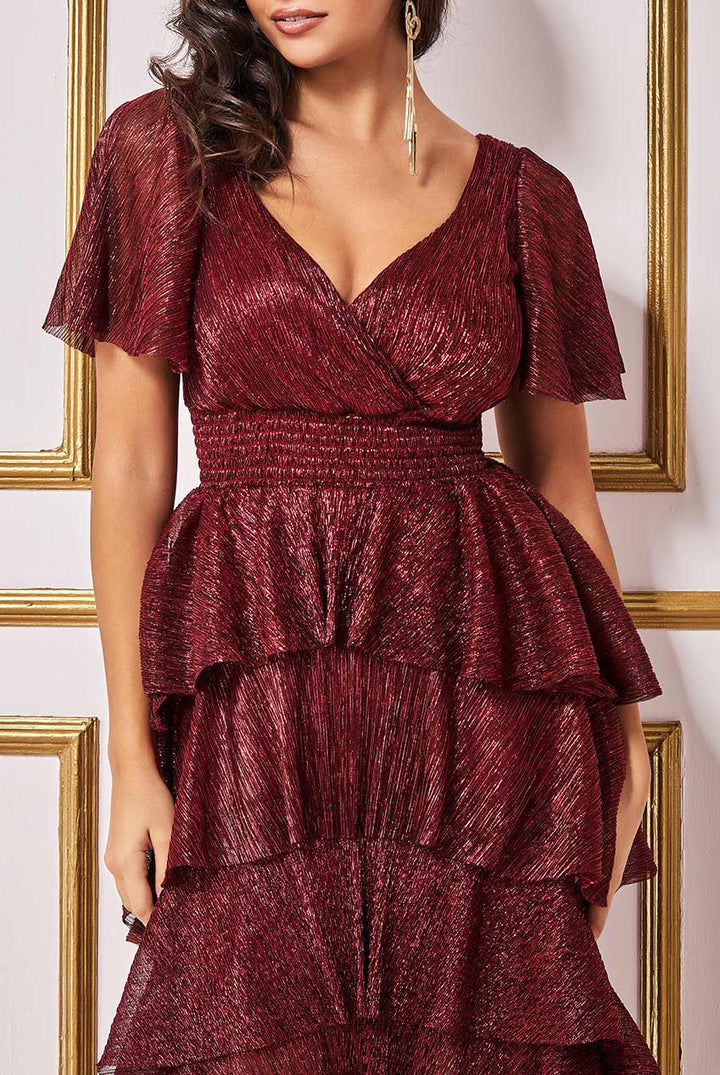 Milani Wine Red Crinkle Lurex High Low Angel Sleeve Tiered Midi Dress