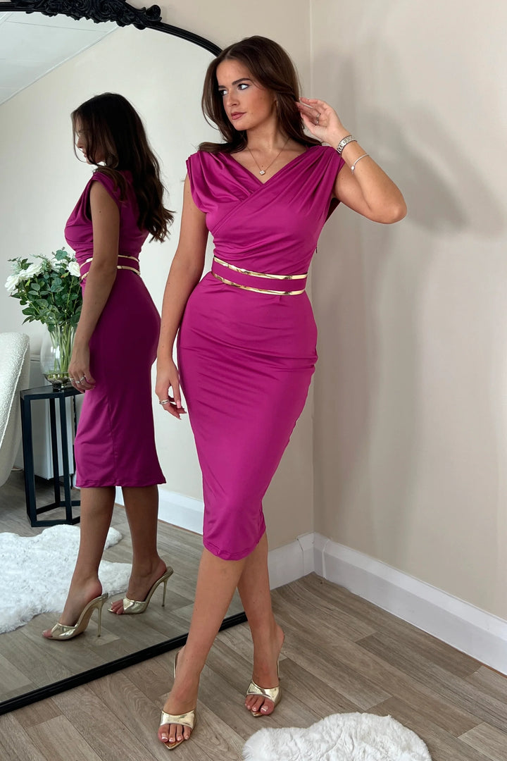 Miley Fuchsia Pink Bodycon Midi Dress With Gold Belt