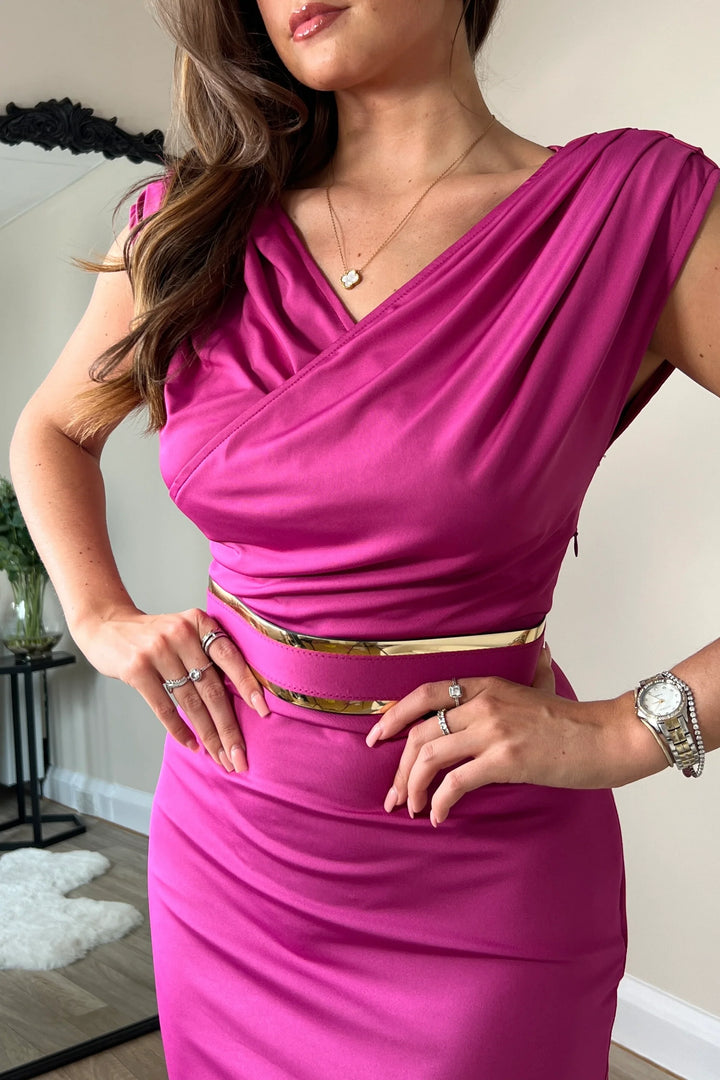 Miley Fuchsia Pink Bodycon Midi Dress With Gold Belt