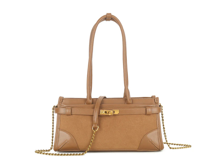 Miami Faux Leather & Suede Buckle Trim Baguette Handbag - Brown