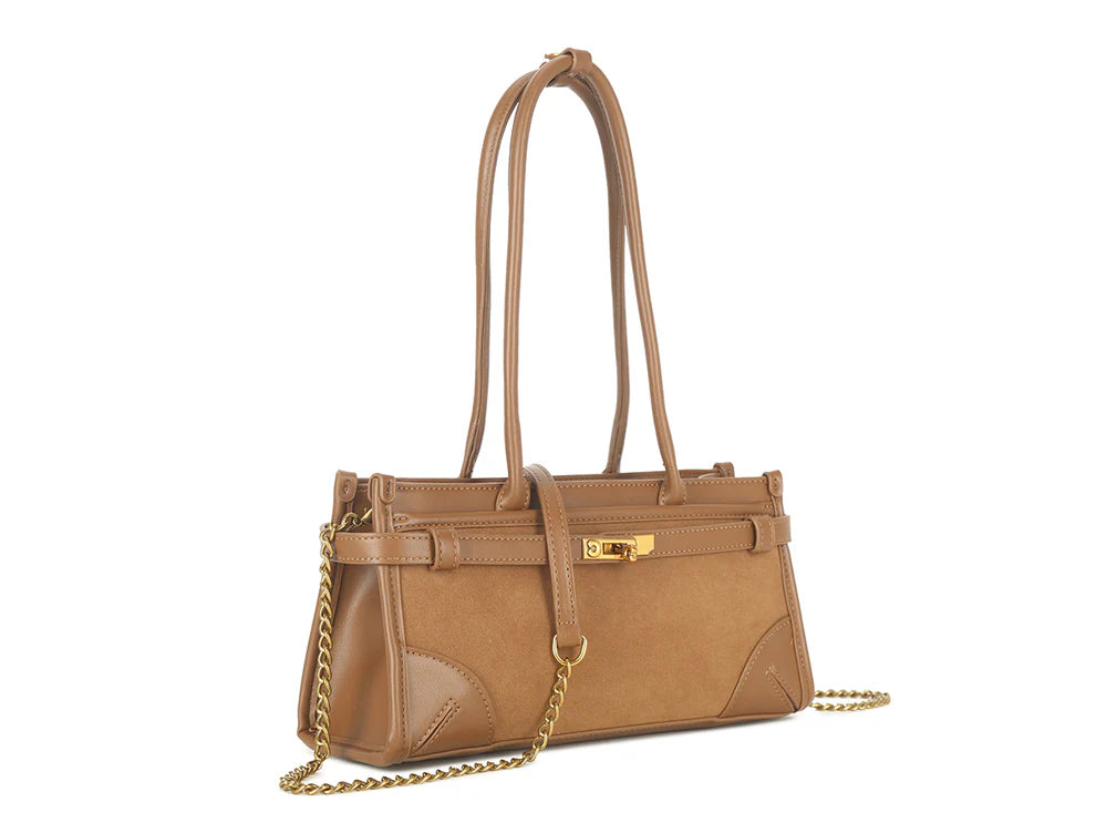 Miami Faux Leather & Suede Buckle Trim Baguette Handbag - Brown