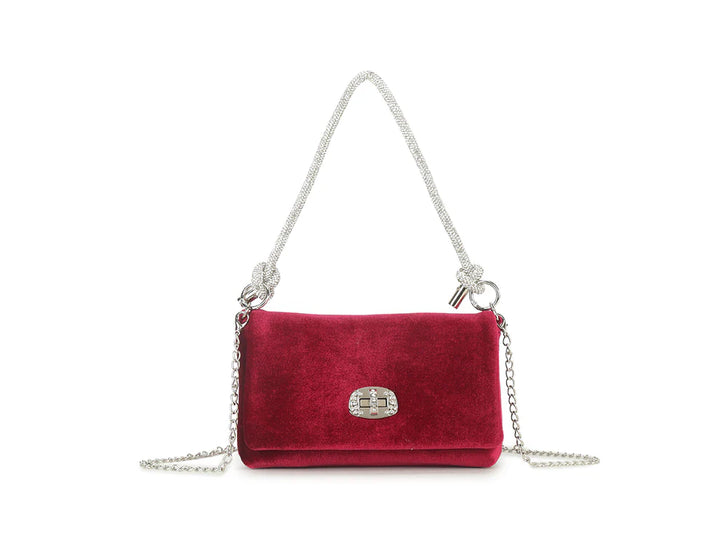 Parisian Cherry Red Velvety Hand Bag With Silver Knot Strap