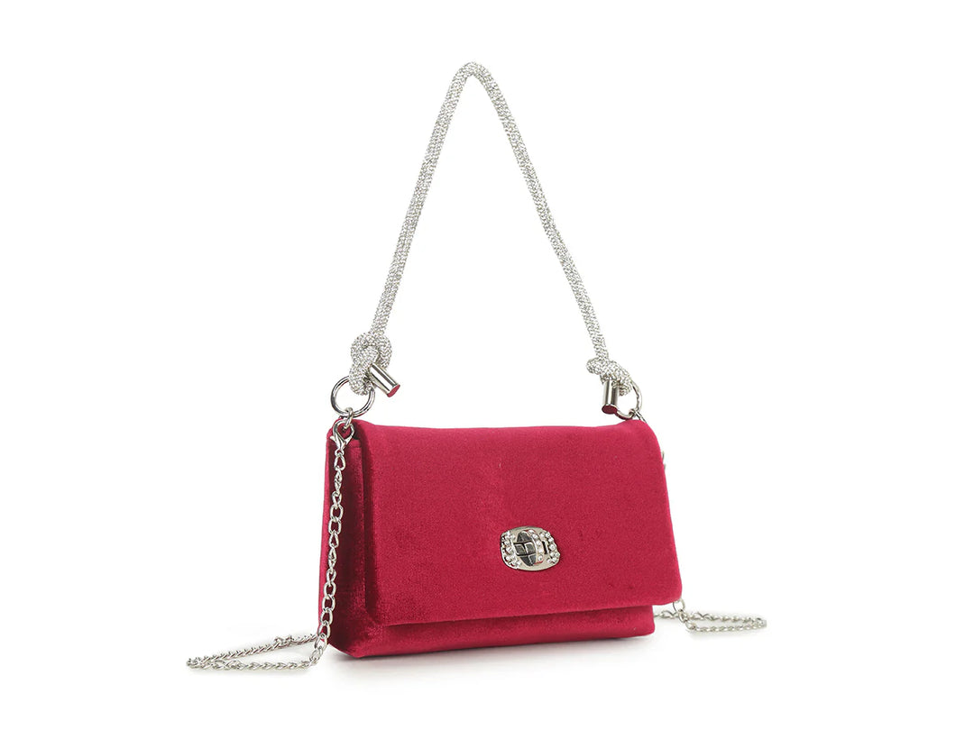 Parisian Cherry Red Velvety Hand Bag With Silver Knot Strap