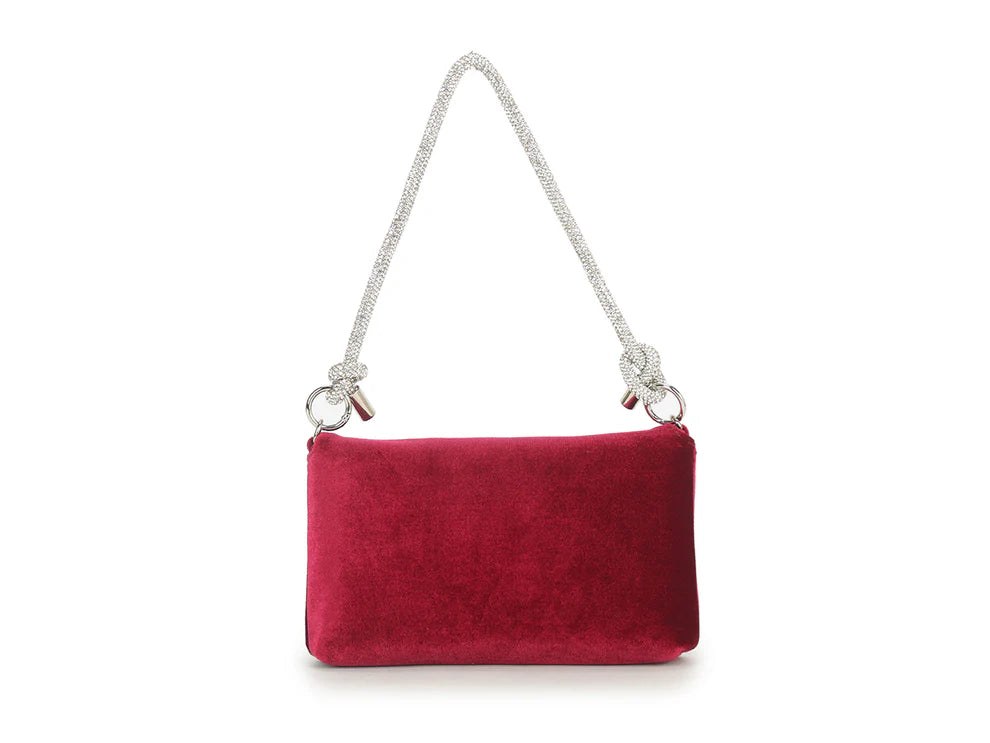Parisian Cherry Red Velvety Hand Bag With Silver Knot Strap