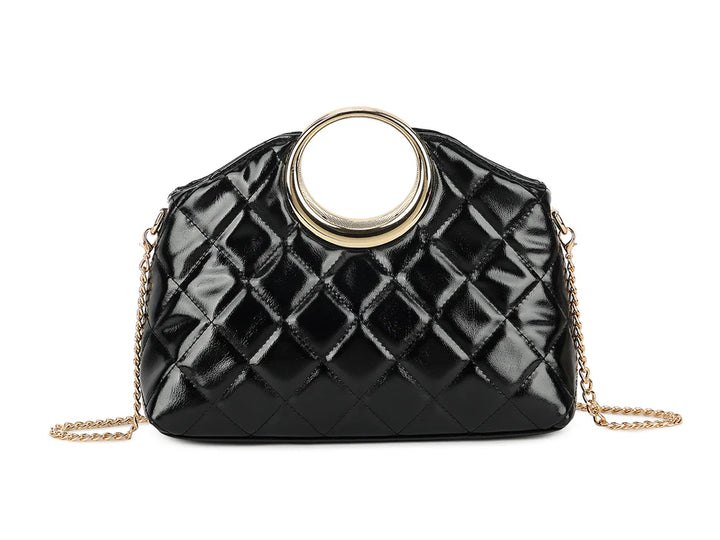 Sicily Quilted Patent O-Ring Handle Bag - Black