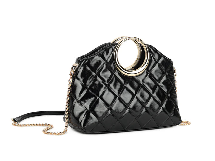 Sicily Quilted Patent O-Ring Handle Bag - Black