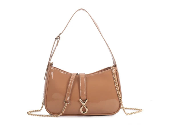 Maya Nude Patent Handbag with Cross Body Chain