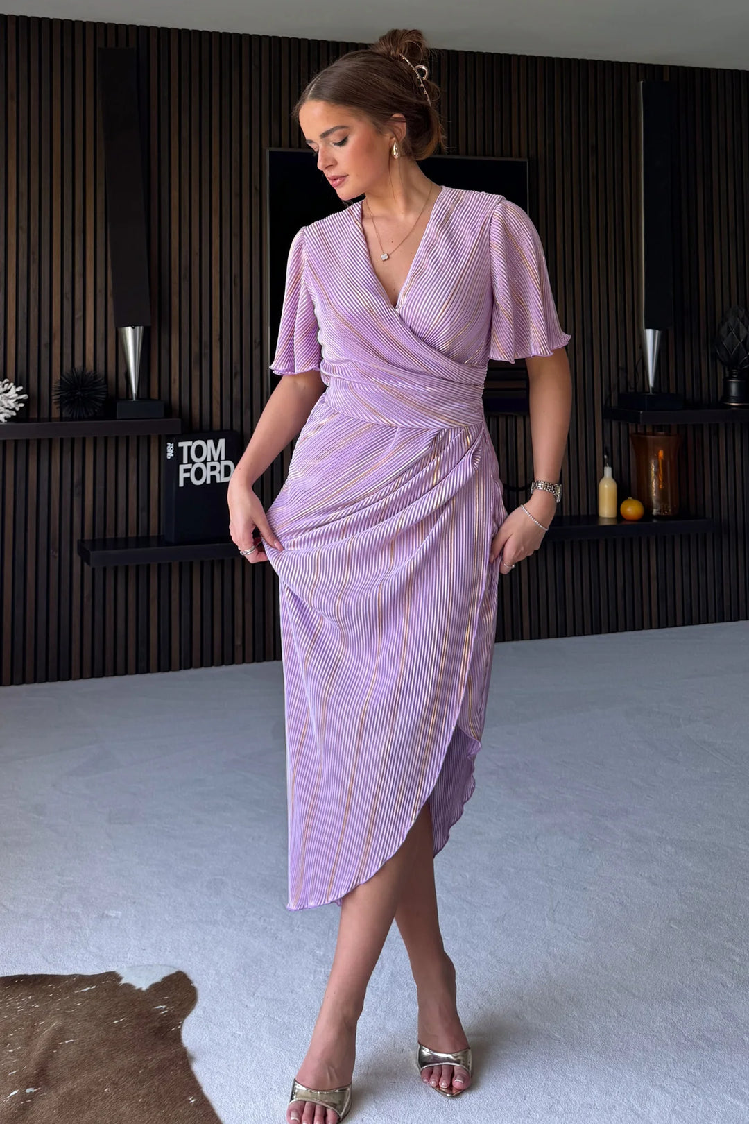 Natasha Lilac Angel Sleeve Wrap Midi Dress | LittleMadam Natasha Lilac Angel Sleeve Wrap Midi Dress | LittleMadam