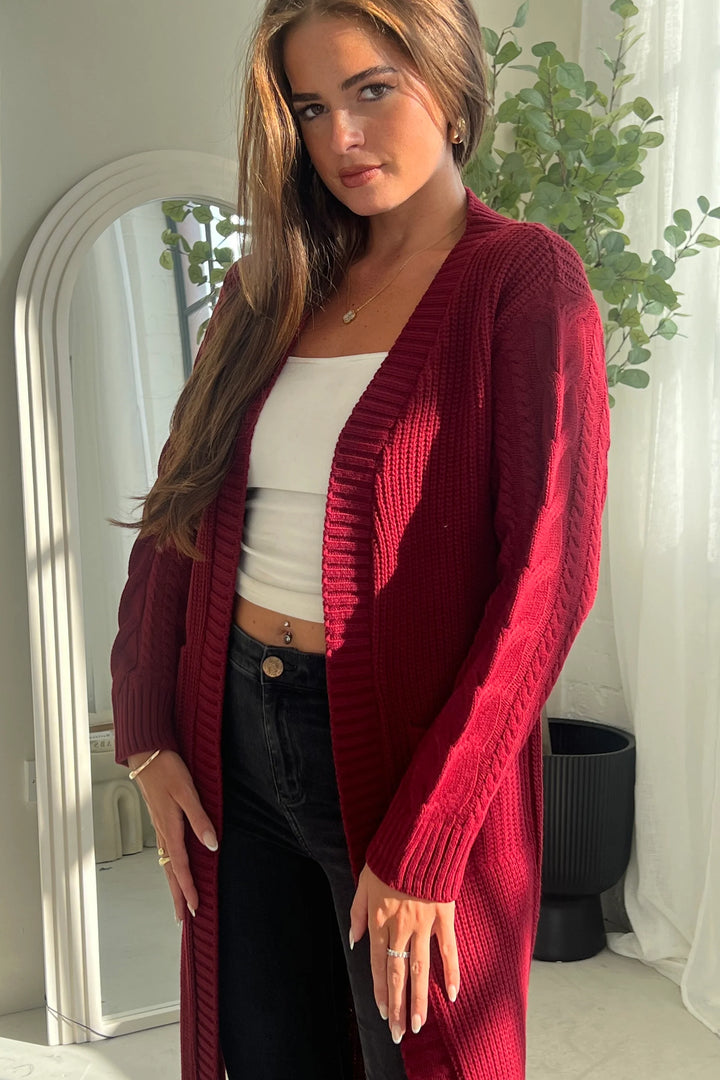 Neve Wine Red Cableknit Longline Cardigan