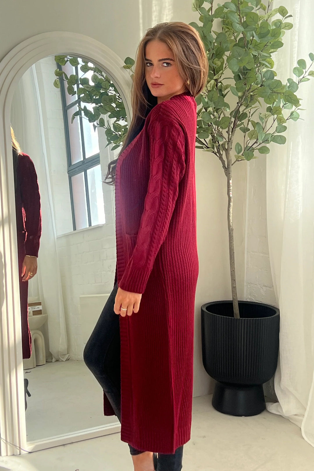 Neve Wine Red Cableknit Longline Cardigan