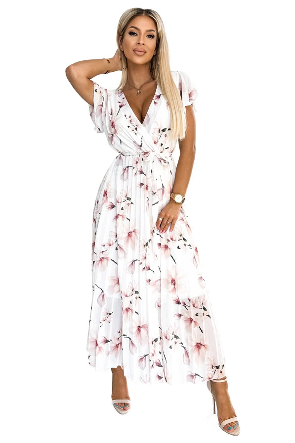 Amalfi Coast Cherry Blossom Short Sleeve Pleated Belted Chiffon Maxi Dress