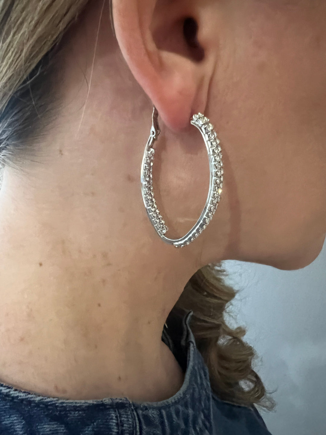 Oval Hoop Diamante Earrings in Silver