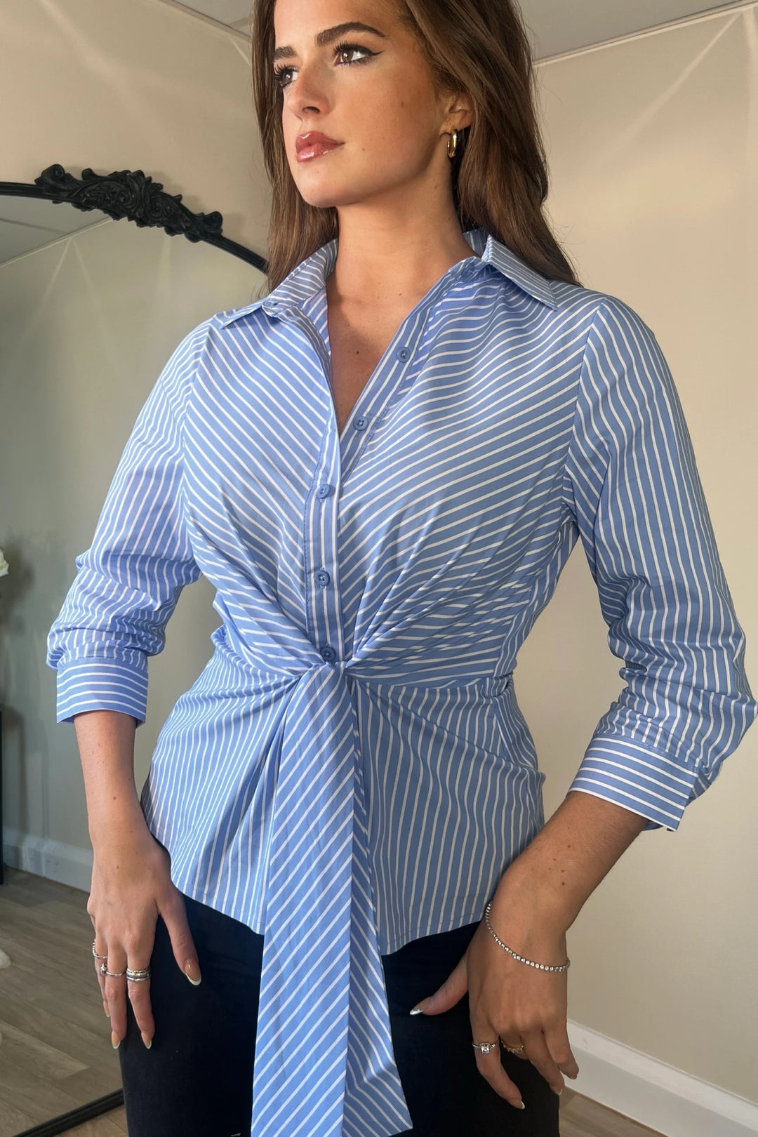 Philippa Blue Stripe Tie Front Collar Shirt
