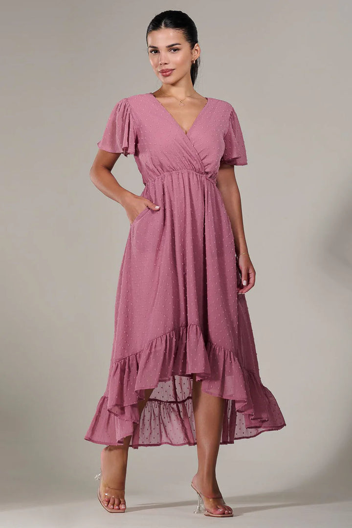 Lillibet Petite Dusty Pink Dobby Chiffon Short Sleeve Dip Hem Belted Midaxi Dress