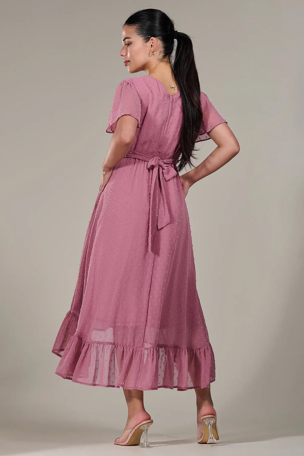 Lillibet Petite Dusty Pink Dobby Chiffon Short Sleeve Dip Hem Belted Midaxi Dress