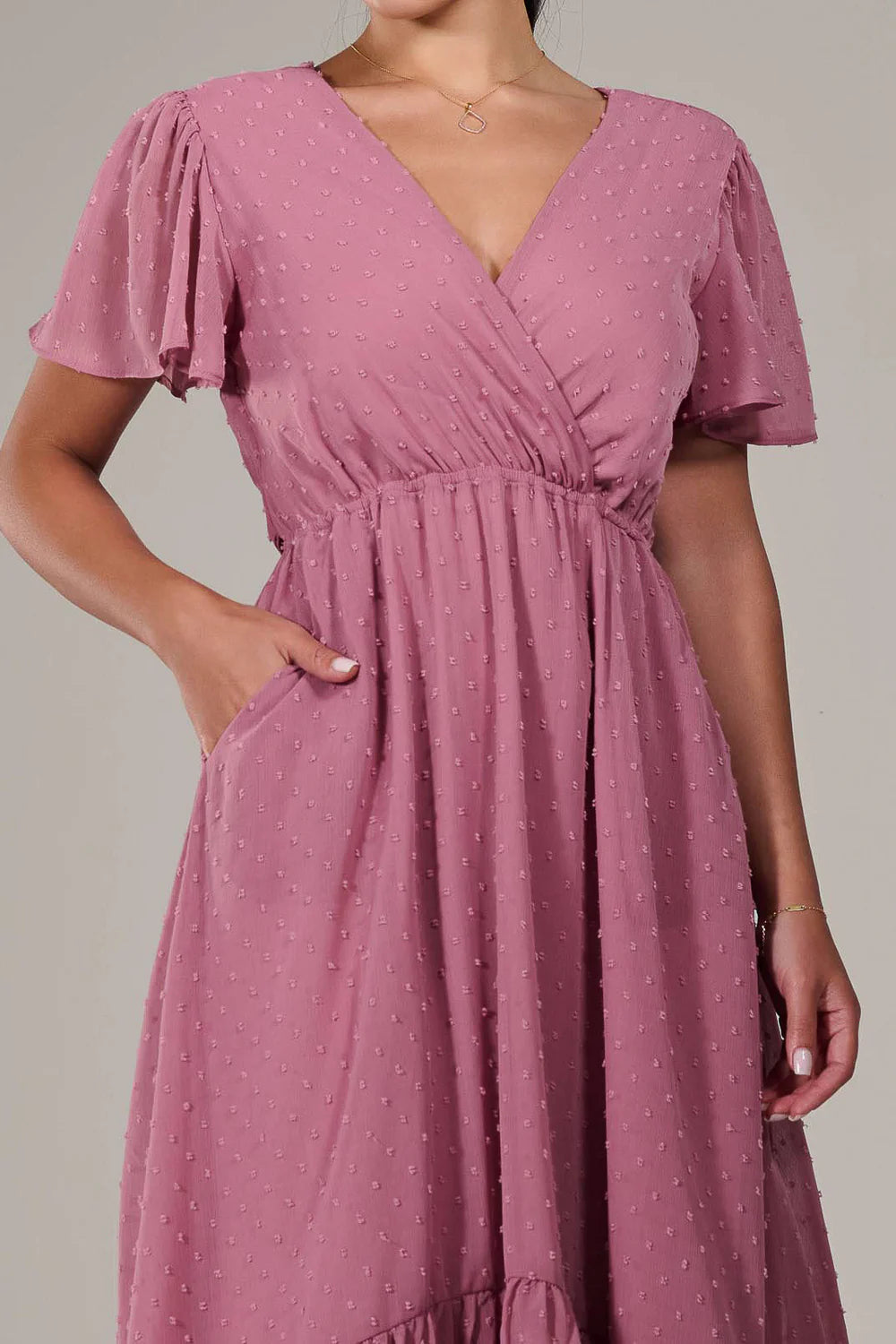 Lillibet Petite Dusty Pink Dobby Chiffon Short Sleeve Dip Hem Belted Midaxi Dress