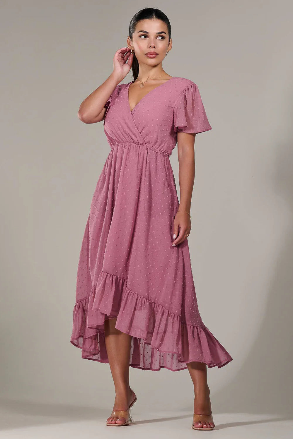 Lillibet Petite Dusty Pink Dobby Chiffon Short Sleeve Dip Hem Belted Midaxi Dress