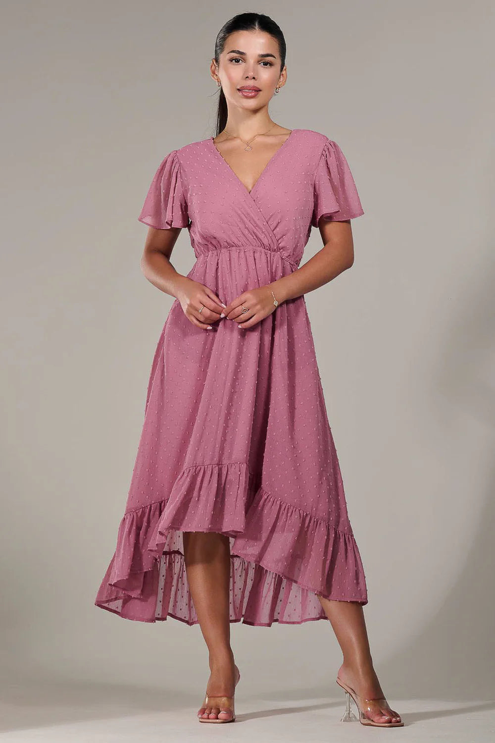 Lillibet Petite Dusty Pink Dobby Chiffon Short Sleeve Dip Hem Belted Midaxi Dress