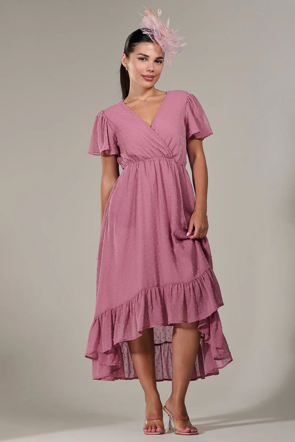 Lillibet Petite Dusty Pink Dobby Chiffon Short Sleeve Dip Hem Belted Midaxi Dress
