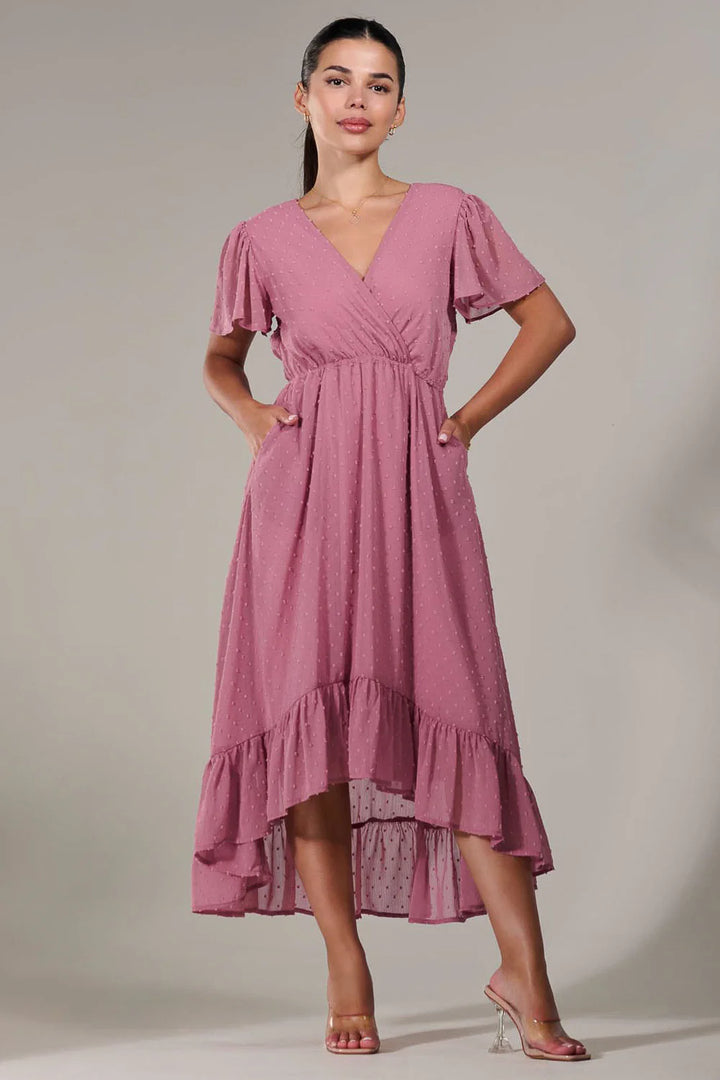 Lillibet Petite Dusty Pink Dobby Chiffon Short Sleeve Dip Hem Belted Midaxi Dress