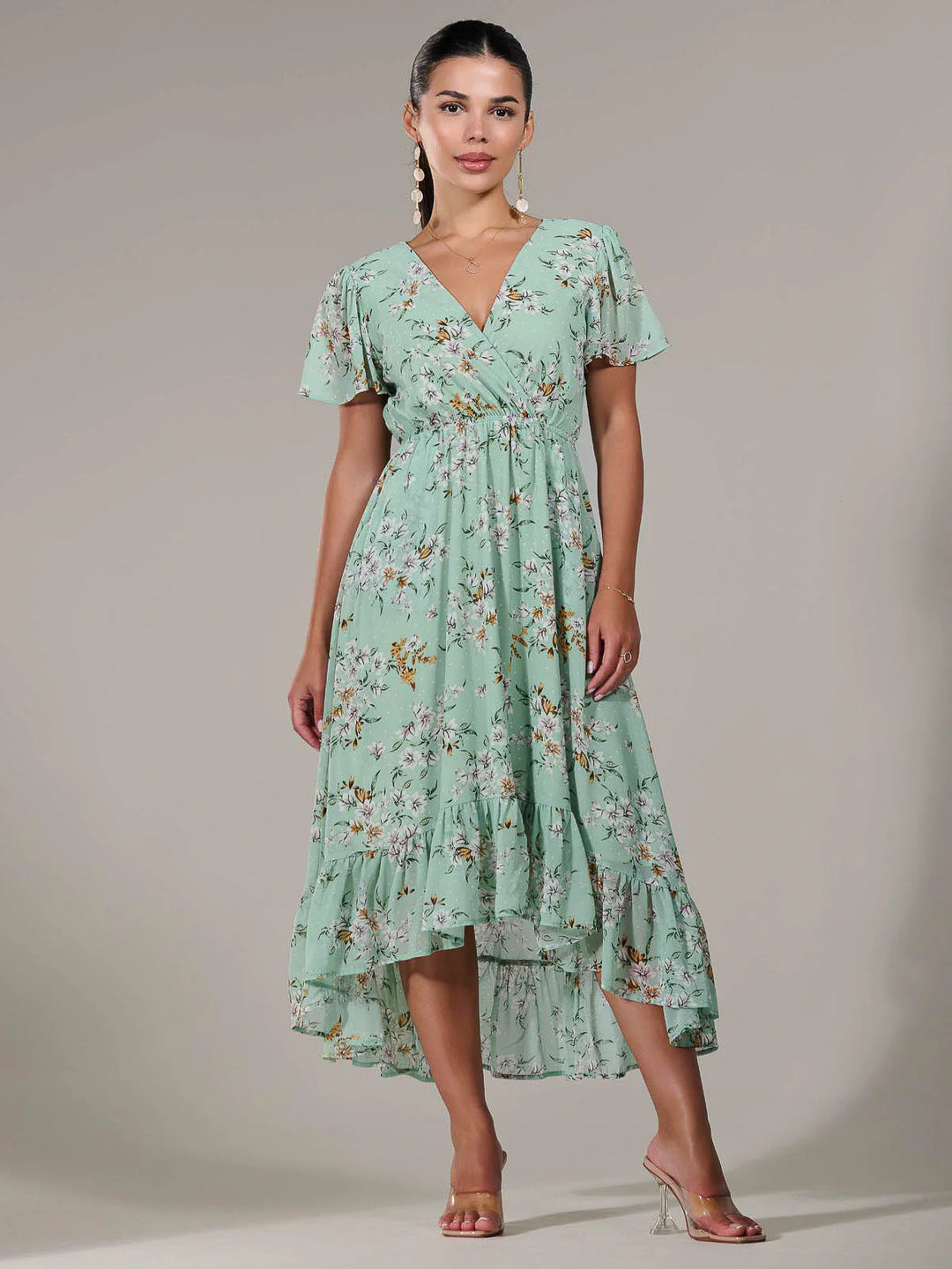 Lillibet Petite Green Floral Chiffon Short Sleeve Dip Hem Belted Midaxi Dress