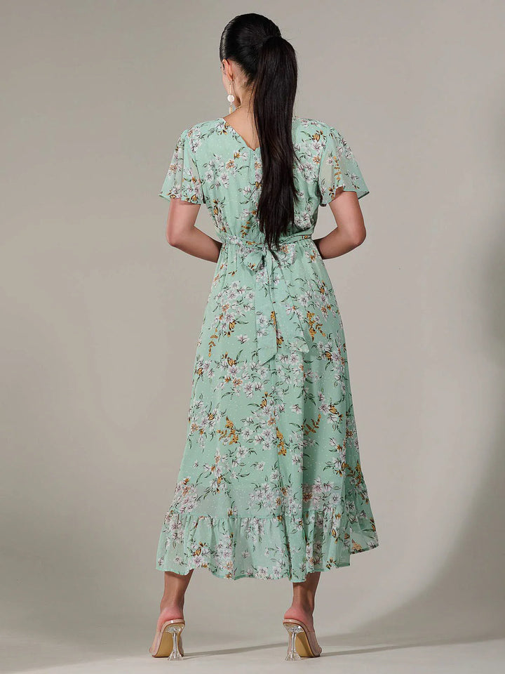 Lillibet Petite Green Floral Chiffon Short Sleeve Dip Hem Belted Midaxi Dress