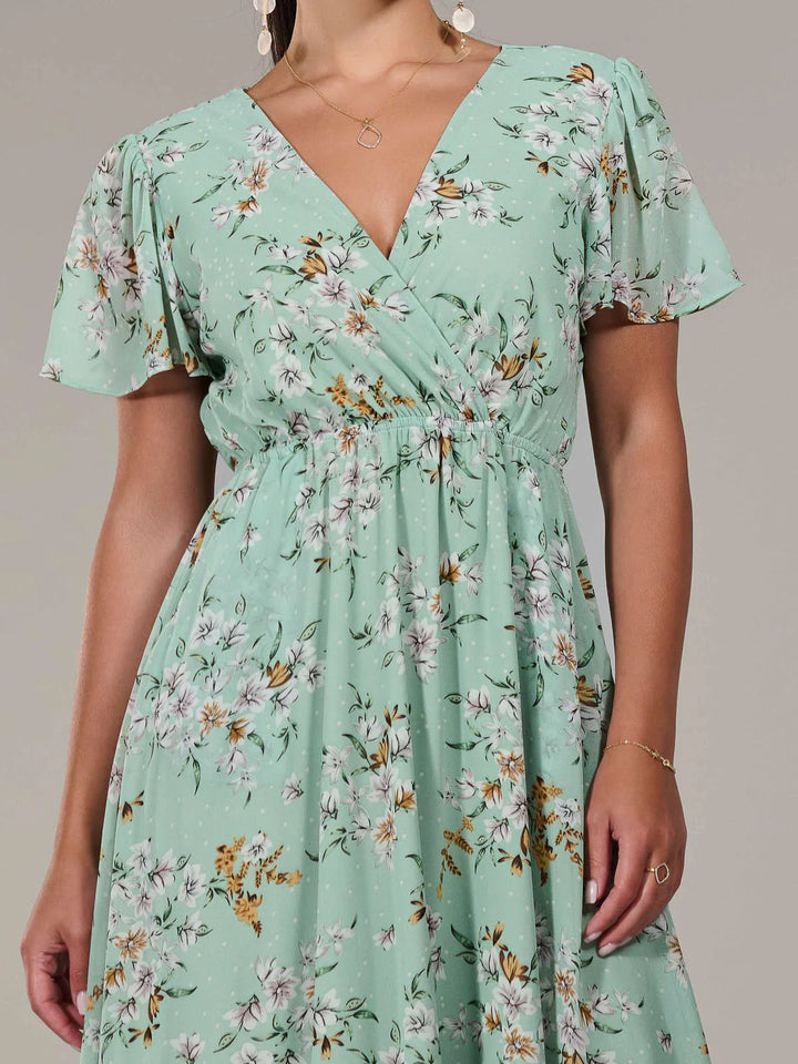 Lillibet Petite Green Floral Chiffon Short Sleeve Dip Hem Belted Midaxi Dress