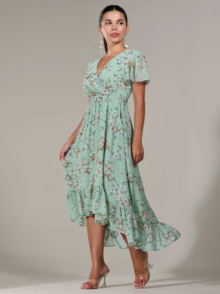 Lillibet Petite Green Floral Chiffon Short Sleeve Dip Hem Belted Midaxi Dress