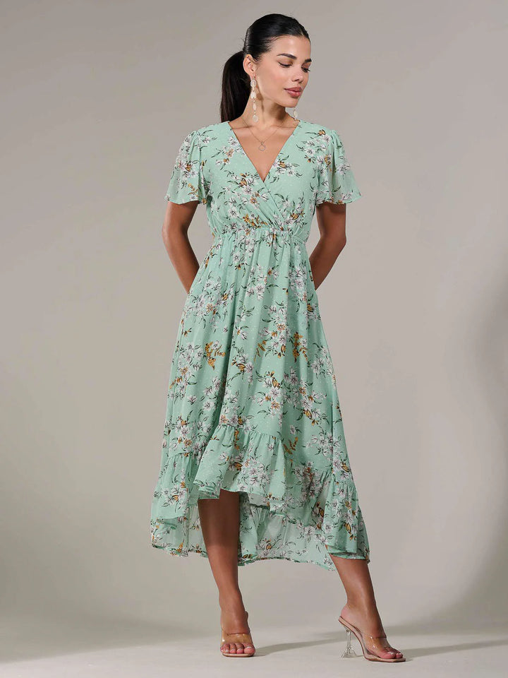 Lillibet Petite Green Floral Chiffon Short Sleeve Dip Hem Belted Midaxi Dress
